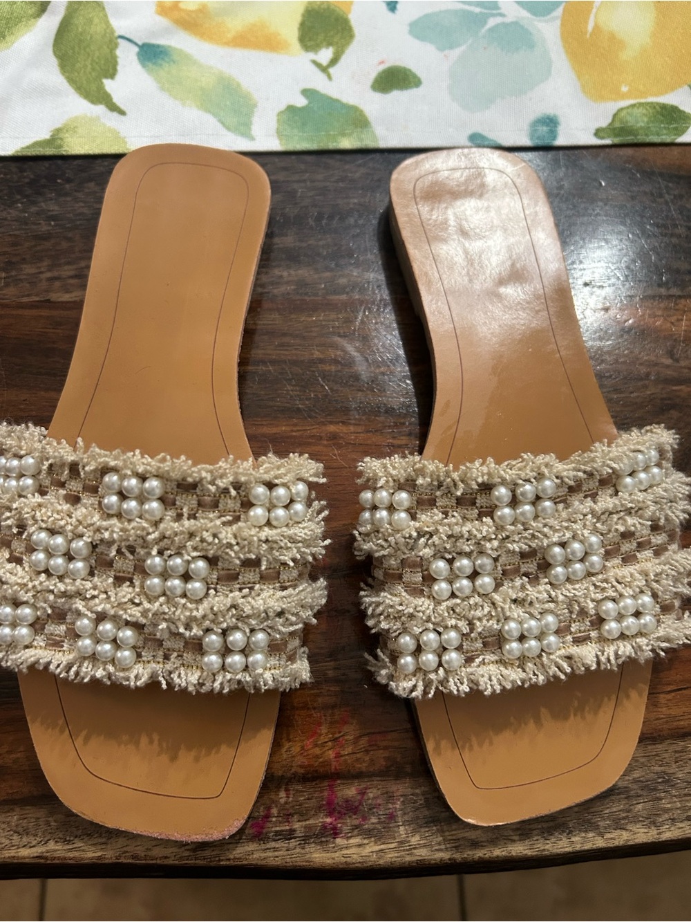 Beaded Pearl-Accent Beige Slide Sandals - Women
